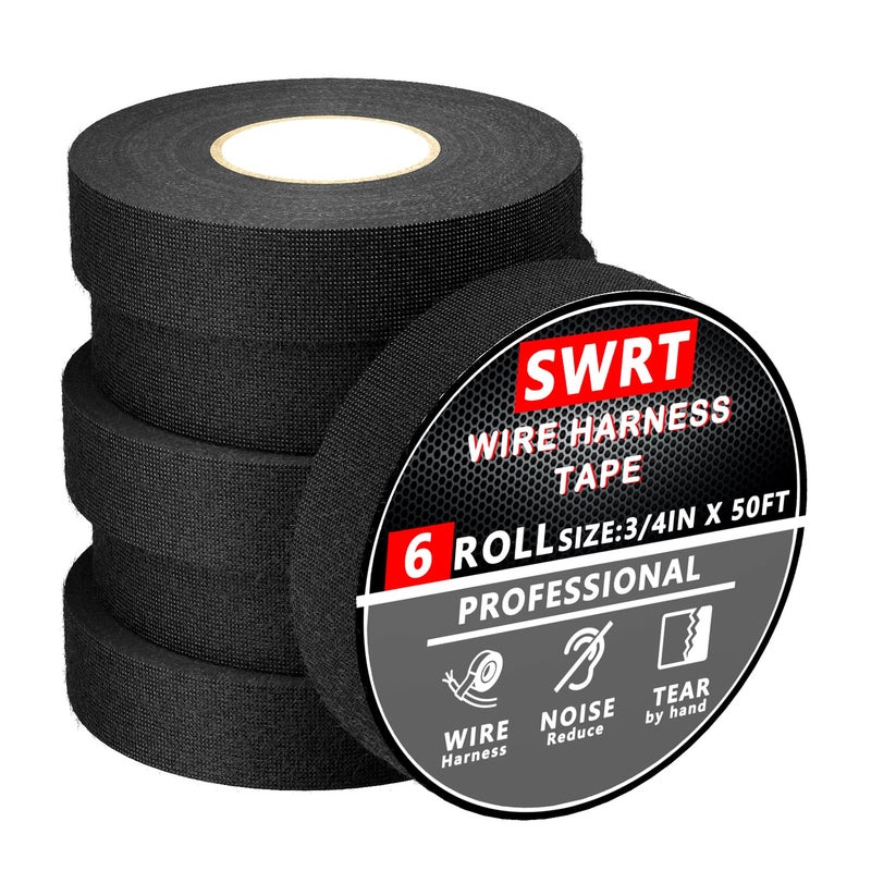 SWRT Wire Harness Tape, 3/4 Inch × 50 Feet, 6 Packs (300 Feet Total), Self-Adhesive Black Cloth Electrical Tape for Automotive Use, High Temperature Resistance Felt Tape. - Image 1
